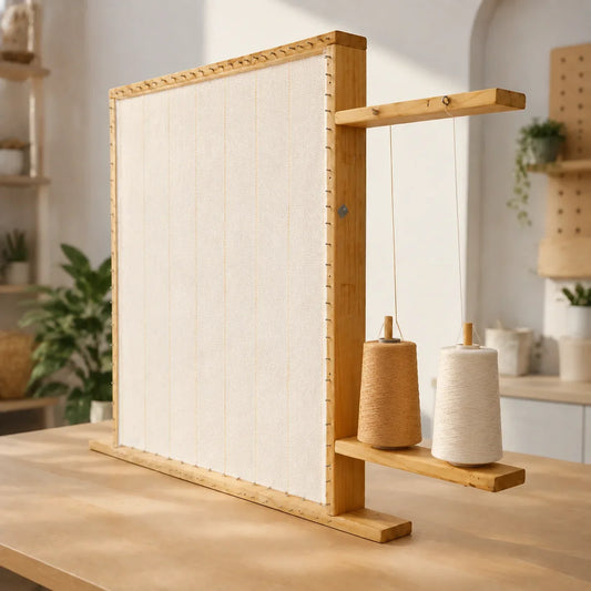 Wooden tufting frame with primary cloth stretched and yarn feeding through its guides