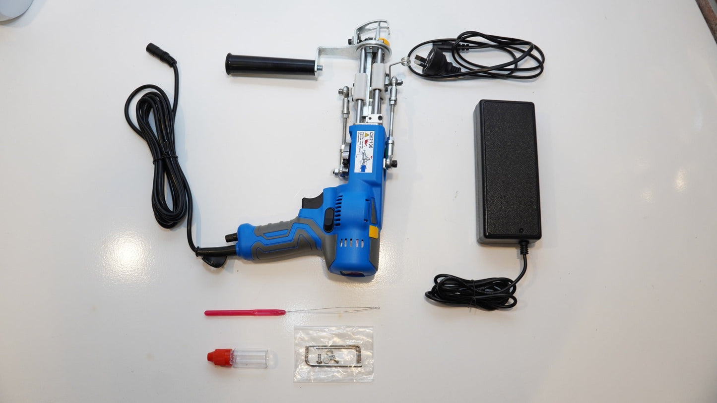 Blue AK-V Pro tufting gun, power supply and included accessories