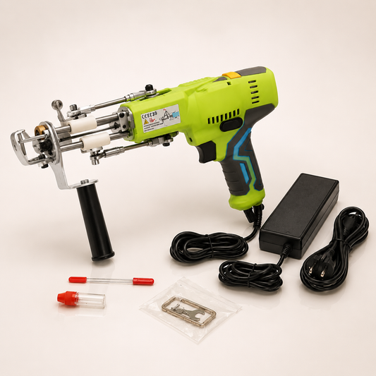 Green AK-V Pro tufting gun with power supply and included tools, three-quarter view