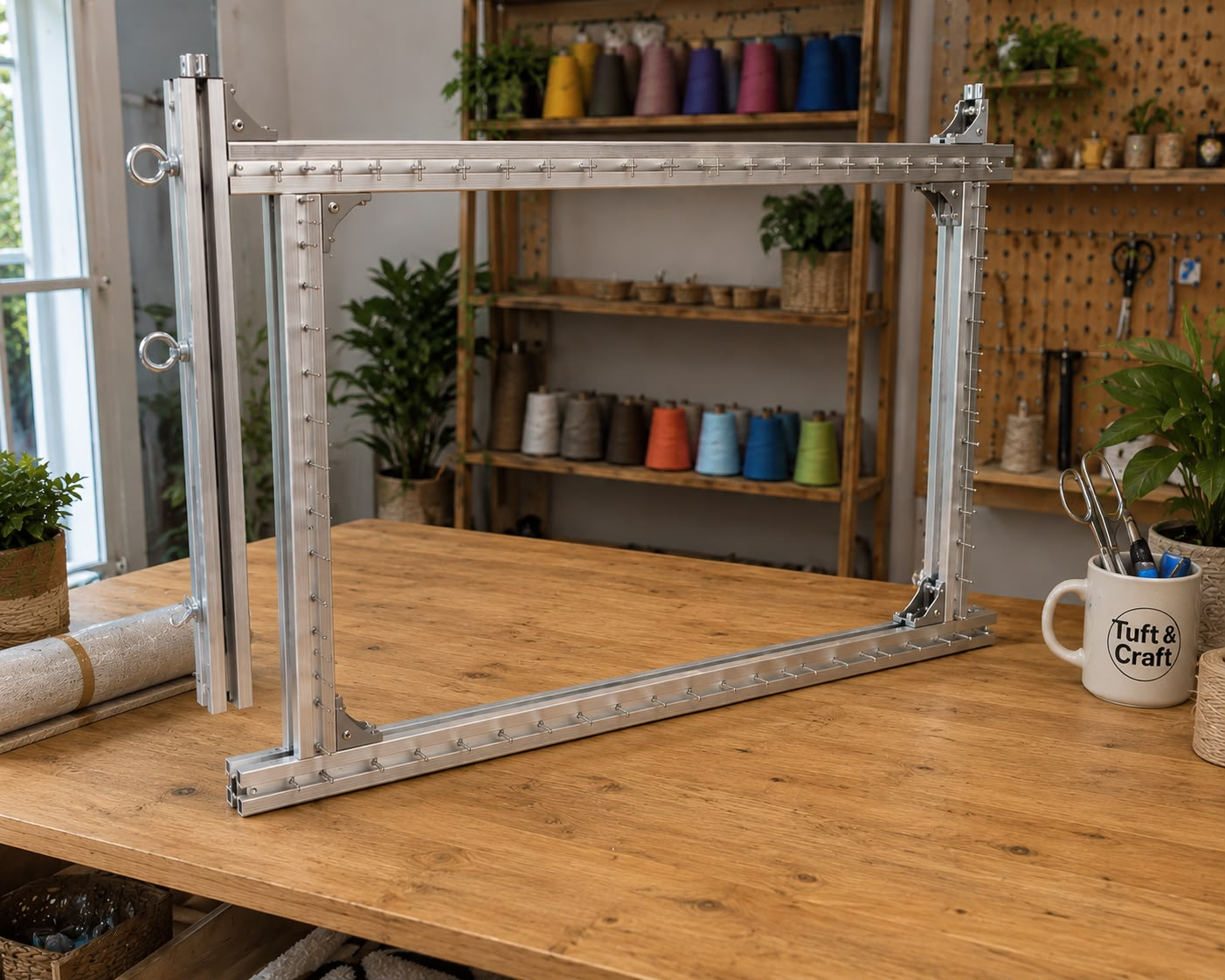 Aluminium tufting frame displayed in a craft studio