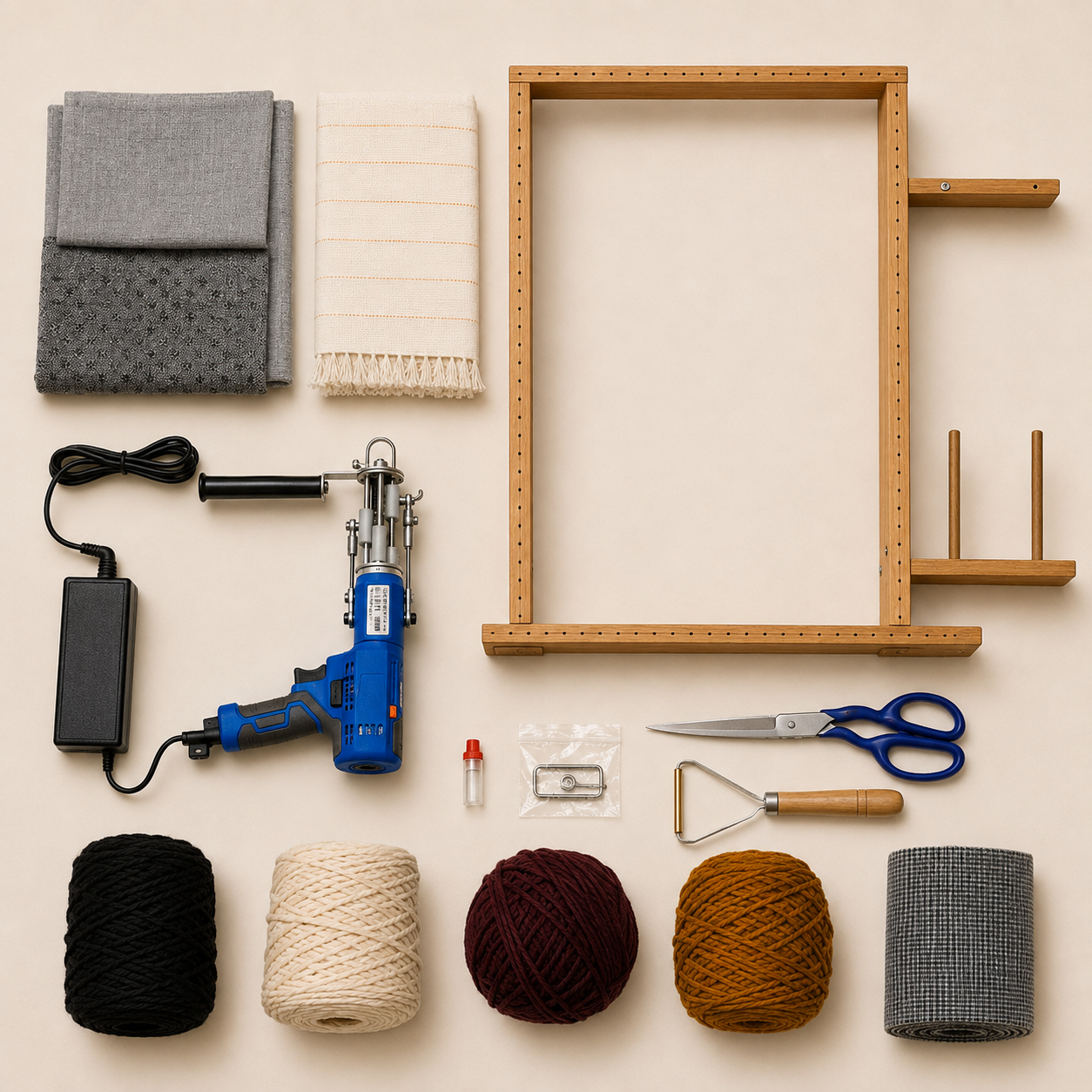 First Rug Kit complete tools and materials flat lay
